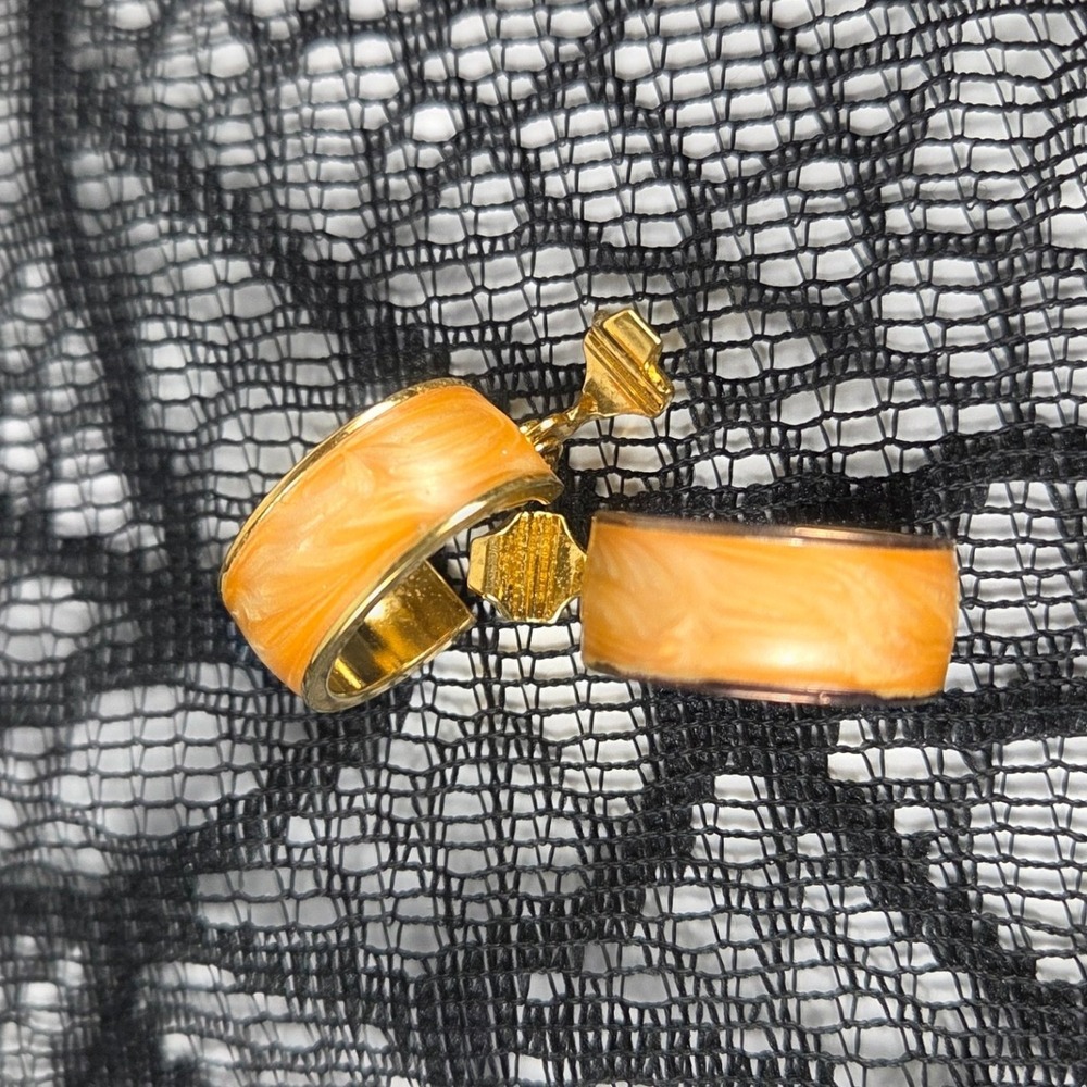 Monet Vintage Gold Tone Marbled Orange Enamel Clip On Hoop Earrings